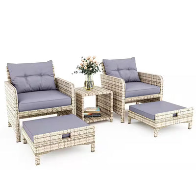 5-Pieces Wicker Patio Furniture Set Outdoor Patio Chairs with Ottomans, Purple Cushions