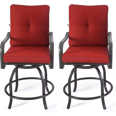 Isabella High Swivel Metal Frame Outdoor Bar Stools with Burgundy Cushion