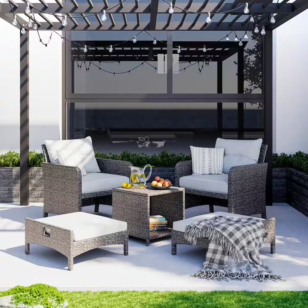 5-Pieces Wicker Patio Furniture Set Outdoor Patio Chairs with Ottomans, Gray Cushions