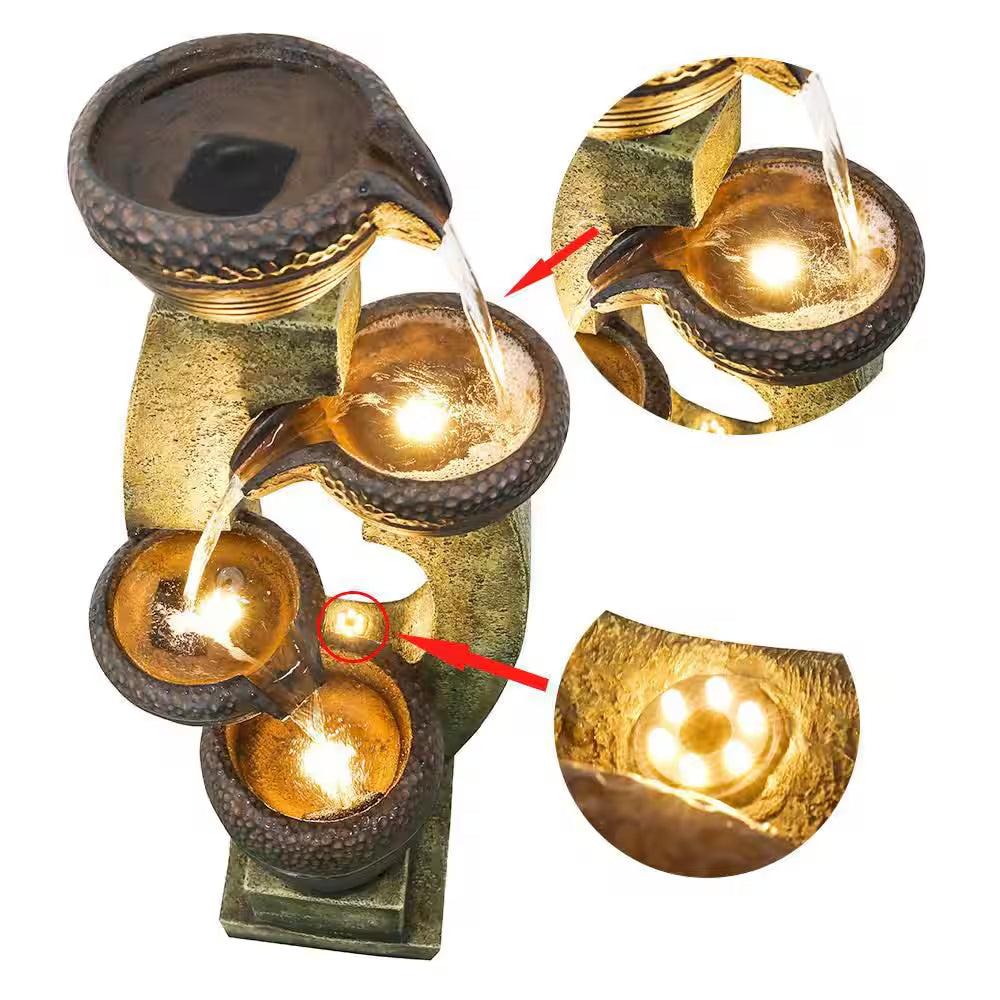 Resin Modern Outdoor Fountains - 40 In. Outdoor Garden Fountains with 4 Crocks Contemporary Design and LED Lights