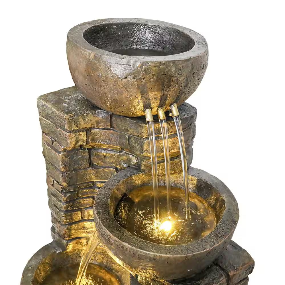 38.2 In. Resin Rustic Garden Fountain with LED Lights, 4-Tiered Urns Indoor Outdoor Freestanding Waterfall Fountains