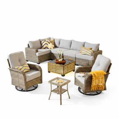 Gray Wicker 9-Piece Conversation Set w/ Swivel Chairs