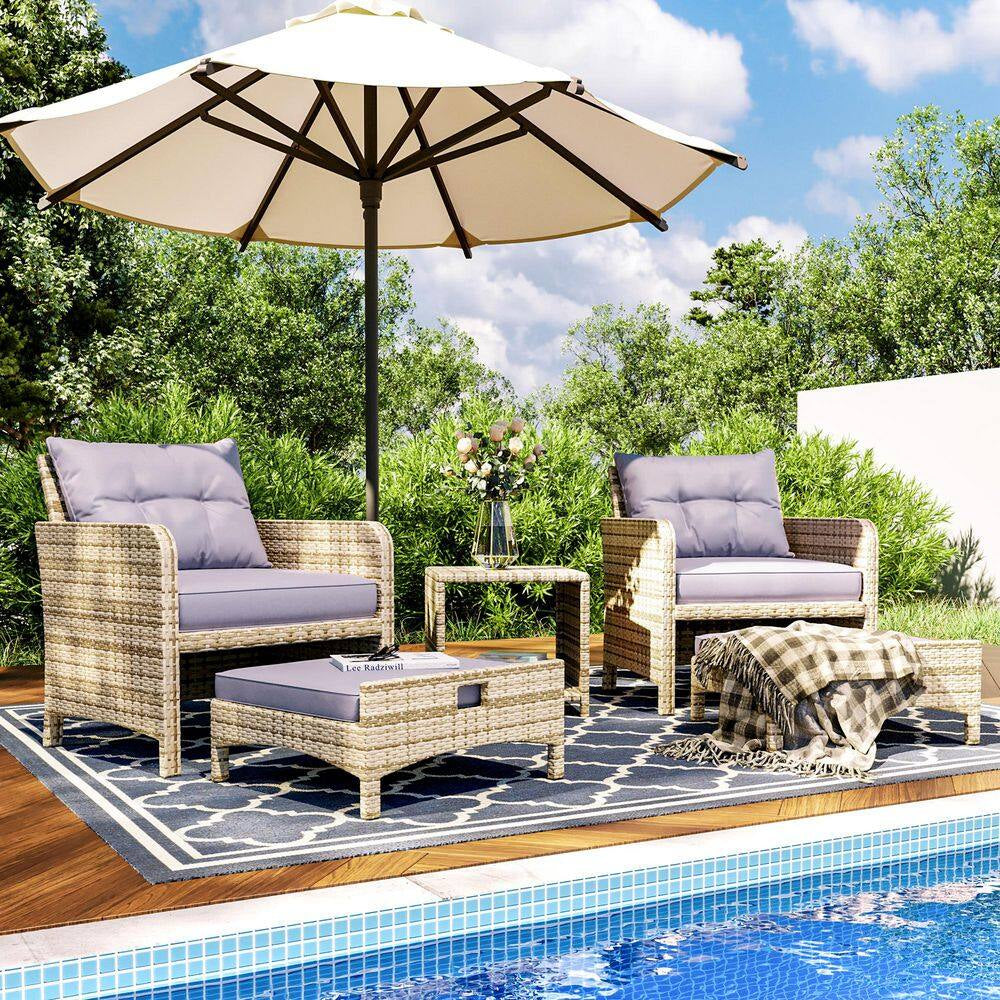 5-Pieces Wicker Patio Furniture Set Outdoor Patio Chairs with Ottomans, Purple Cushions