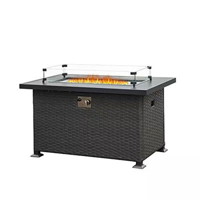 Dark Gray 43.3 In. Fire Pit Table with Glass Wind Guard Outdoor Wicker Gas Fire Pits for Patio Smokeless Fire Pits