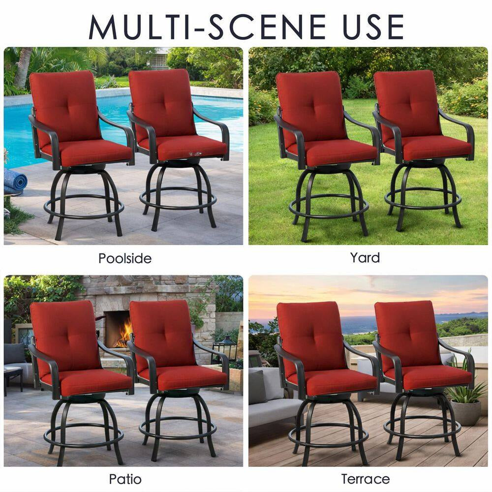 Isabella High Swivel Metal Frame Outdoor Bar Stools with Burgundy Cushion