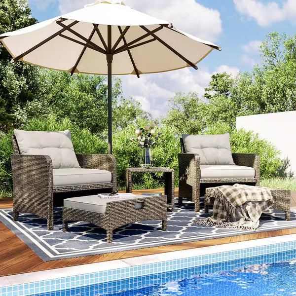 5-Pieces Wicker Patio Furniture Set Outdoor Patio Chairs with Ottomans, Gray Cushions