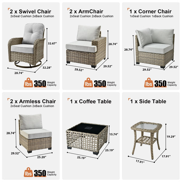 Gray Wicker 9-Piece Conversation Set w/ Swivel Chairs