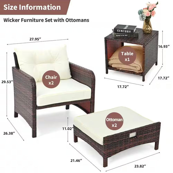 5-Piece Wicker Patio Furniture Set Outdoor Patio Chairs with Ottomans Beige