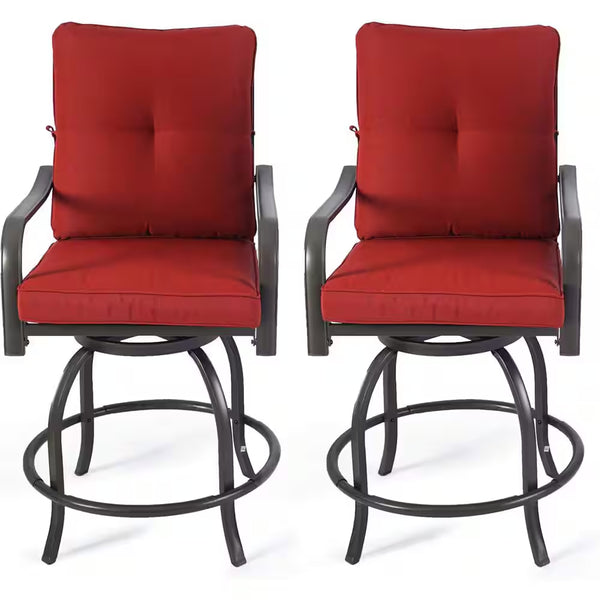 Isabella High Swivel Metal Frame Outdoor Bar Stools with Burgundy Cushion