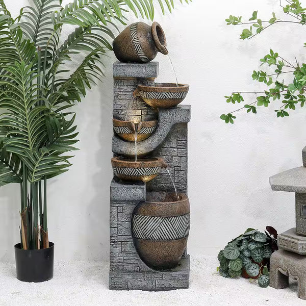 42.5 In. Resin Outdoor Fountain, 5 Urns Wall Textured Indoor Outdoor Freestanding Waterfall Fountains with Lights
