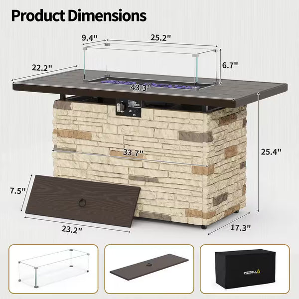 43 In. Propane Fire Pit Table Outdoor Stone Firepit Table Rectangular 50000 BTU Propane Fire Tables-Buff