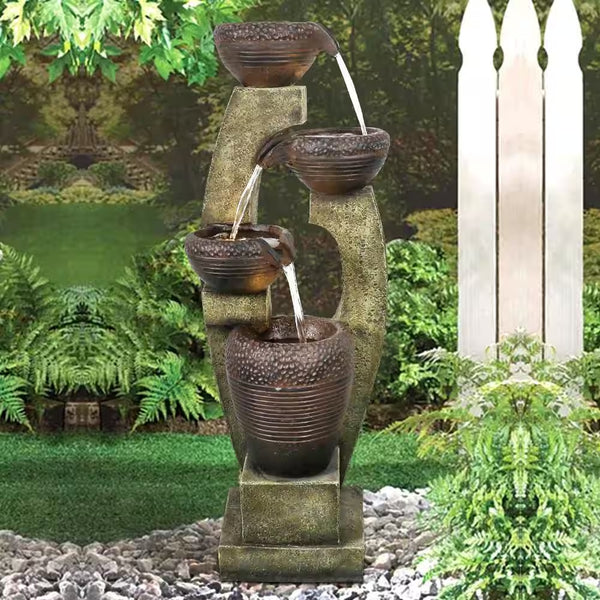 Resin Modern Outdoor Fountains - 40 In. Outdoor Garden Fountains with 4 Crocks Contemporary Design and LED Lights