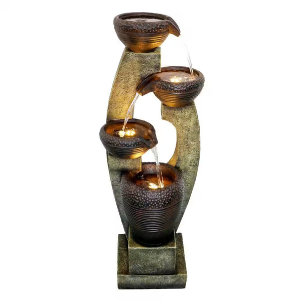 Resin Modern Outdoor Fountains - 40 In. Outdoor Garden Fountains with 4 Crocks Contemporary Design and LED Lights
