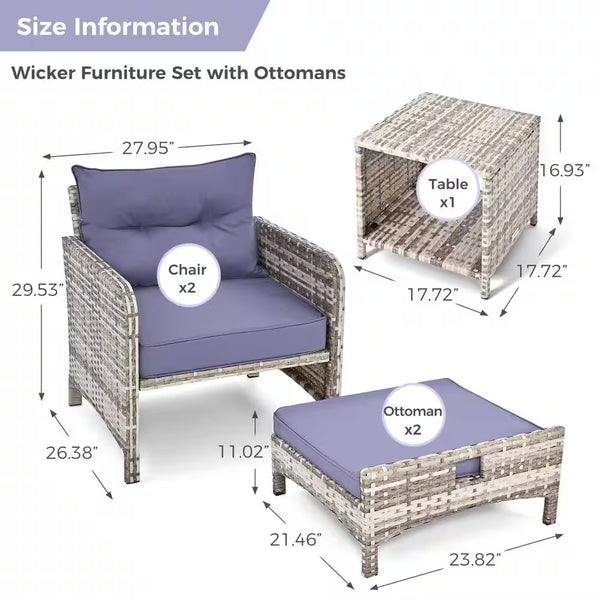 5-Pieces Wicker Patio Furniture Set Outdoor Patio Chairs with Ottomans, Purple Cushions