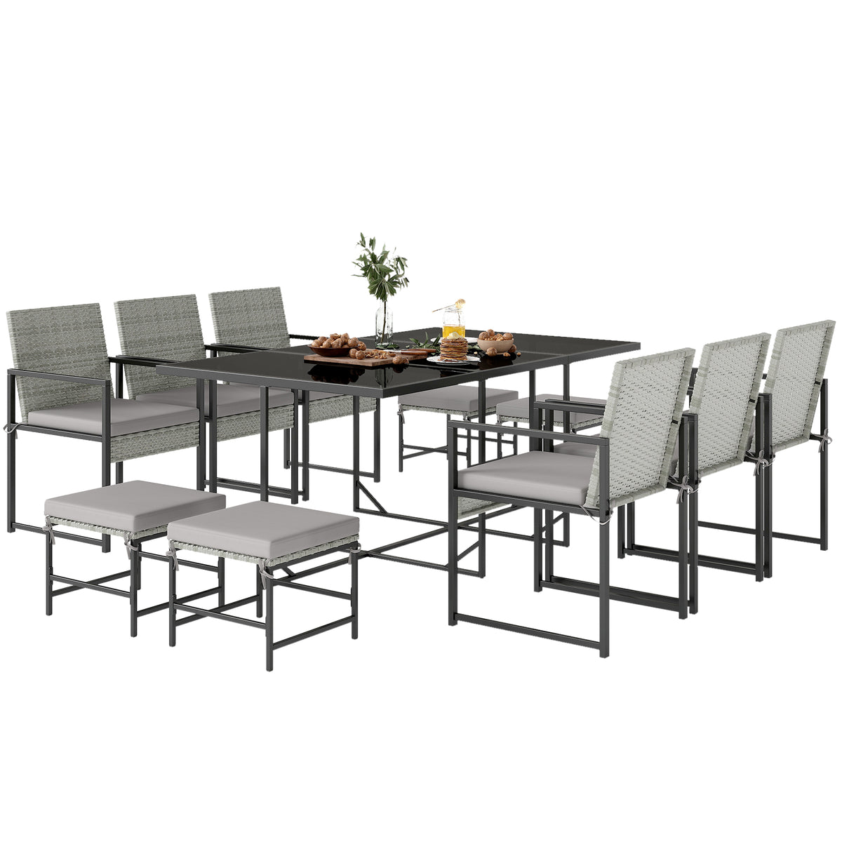 Light Grey Wicker 11-Piece Patio Dining Set, Seats 10