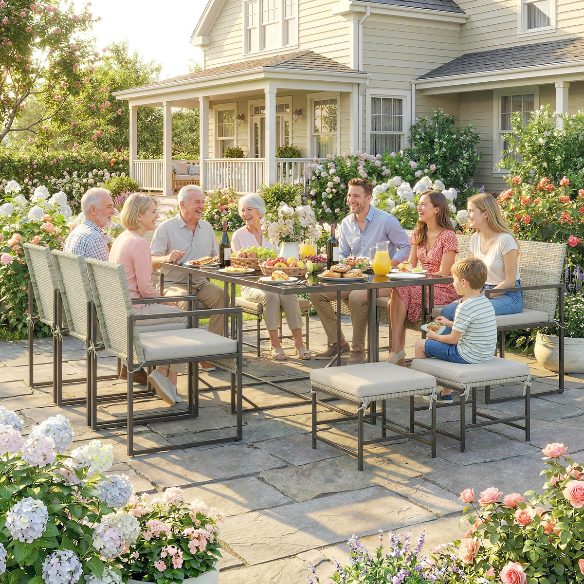 Light Grey Wicker 11-Piece Patio Dining Set, Seats 10