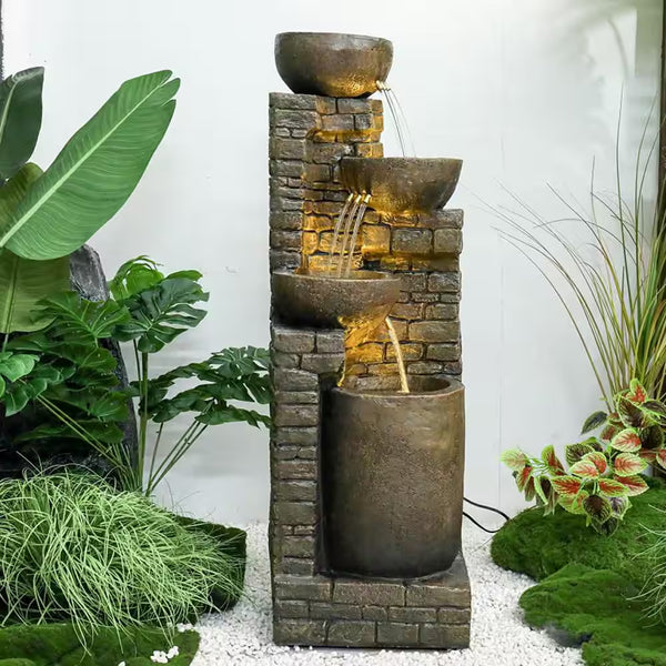 38.2 In. Resin Rustic Garden Fountain with LED Lights, 4-Tiered Urns Indoor Outdoor Freestanding Waterfall Fountains