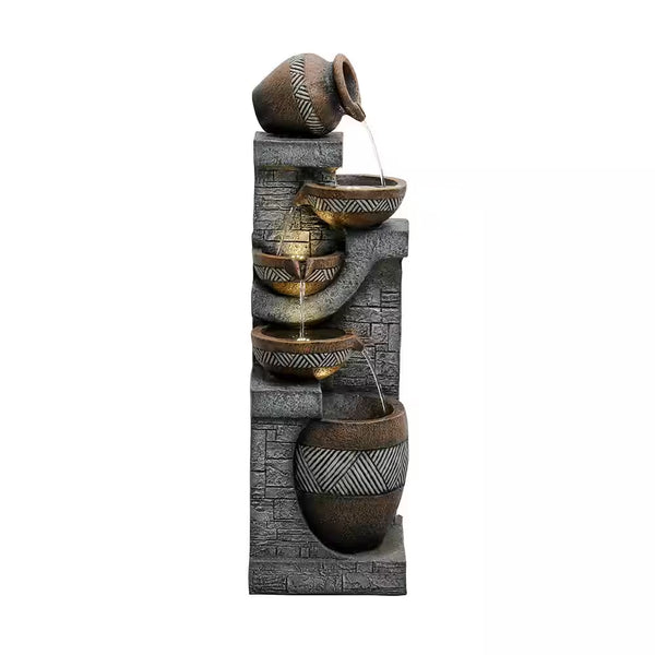 42.5 In. Resin Outdoor Fountain, 5 Urns Wall Textured Indoor Outdoor Freestanding Waterfall Fountains with Lights