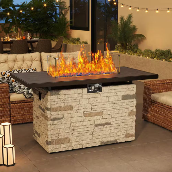 43 In. Propane Fire Pit Table Outdoor Stone Firepit Table Rectangular 50000 BTU Propane Fire Tables-Buff