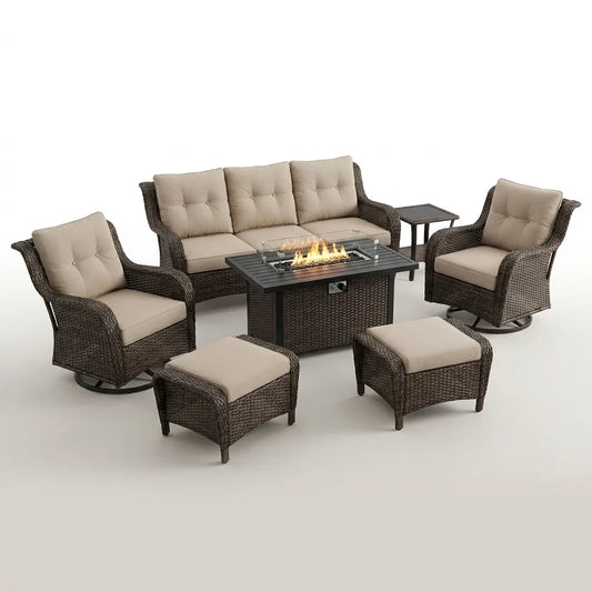 7 Piece Outdoor Patio Furniture Set, Patio Furniture Set with Fire Pit Table Rattan Wicker Patio Furniture Set, Brown Wicker & Beige Cushion — Studio Shot