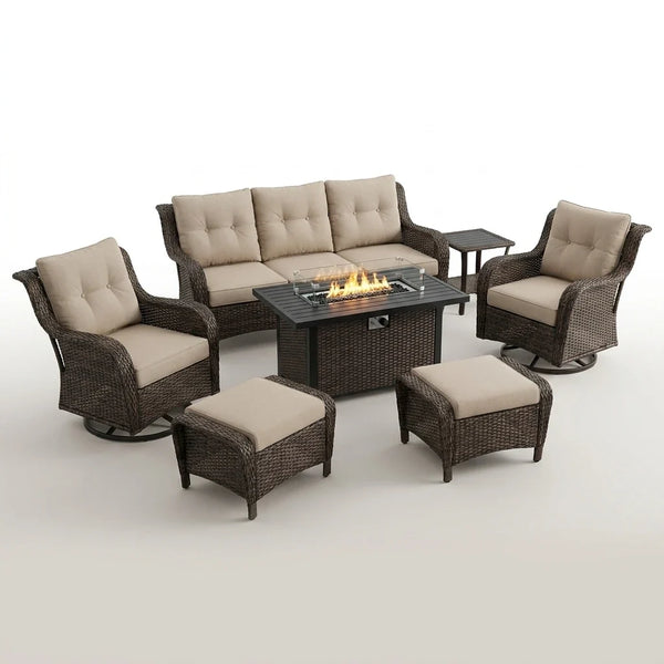 7 Piece Outdoor Patio Furniture Set, Patio Furniture Set with Fire Pit Table Rattan Wicker Patio Furniture Set, Brown Wicker & Beige Cushion — Studio Shot
