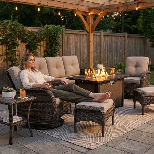 Patio Furniture Set Built for Year-Round Gatherings, Fire Pit Table, Swivel Chairs, Weather-Resistant
